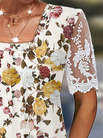 Country Casual/Pastoral Floral Design Square Neck Knit Dress