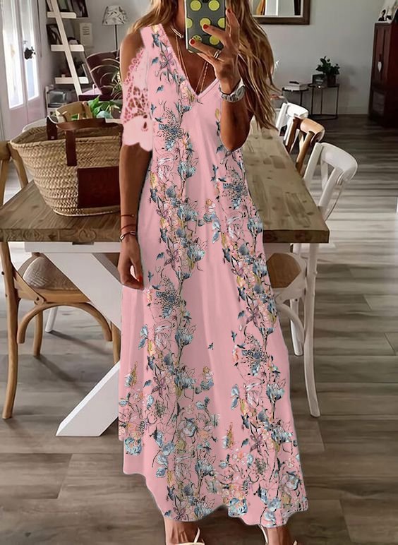 V neck Off Shoulder Butterfly Floral Vacation Maxi Prom Dress