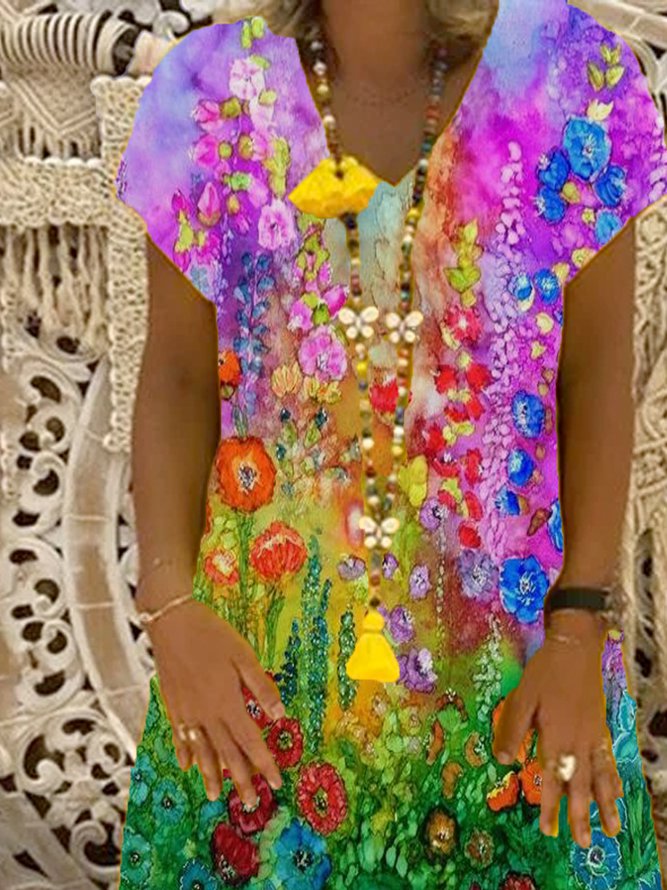 Short Sleeve V Neck Floral Casual Weaving Dress