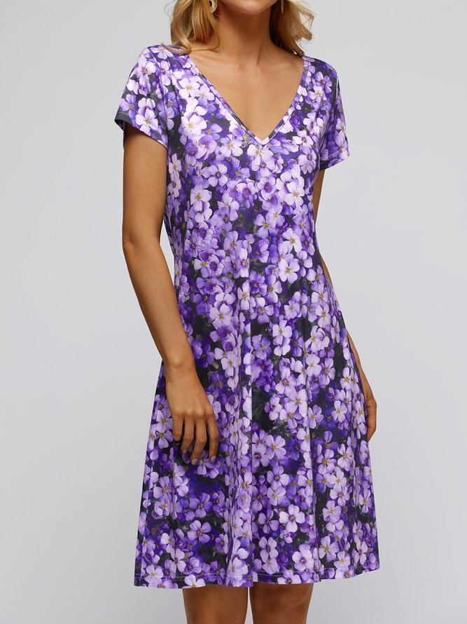 Ditsy Floral Jersey V Neck Casual Dress