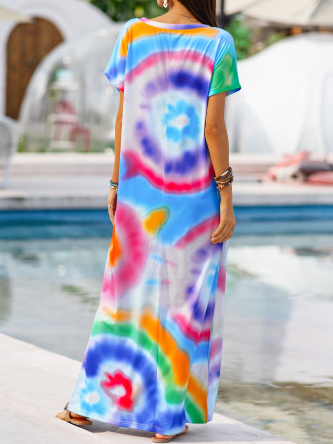 V Neck Short Sleeve Ombre/tie-Dye Dresses