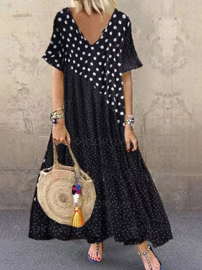 Black Casual Crew Neck Cotton-Blend Polka Dots Weaving Dress
