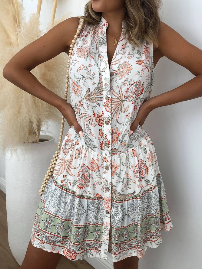 Stand Collar Women Weaving Dress Holiday Cotton-Blend Floral-Print Weaving Dress