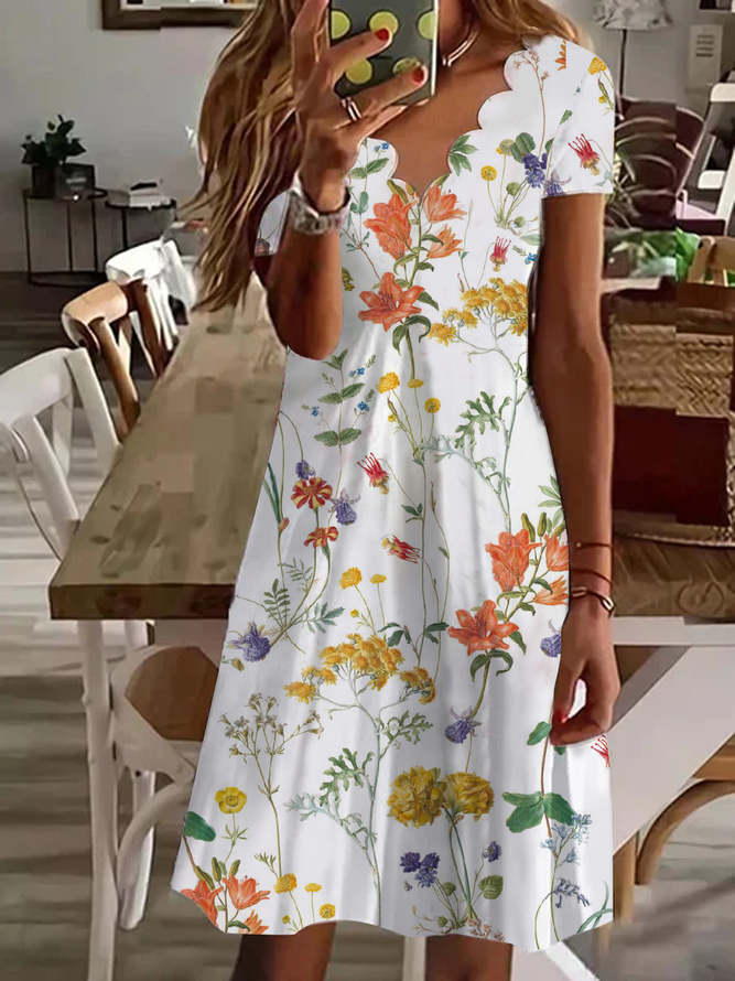 Loose Floral V Neck Casual Dress With No
