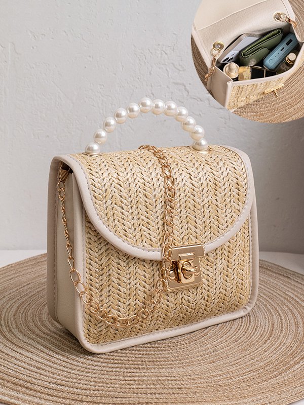 Casual Straw Pearl Beaded Messenger Bag Clutch Vacation Women