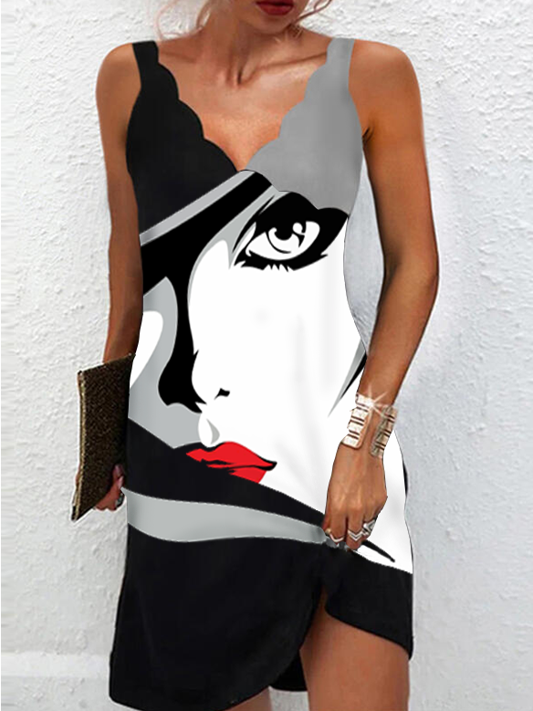 abstract face print wavy neck Prom Dress Loosen Sexy Sleeveless Woven Prom Dress