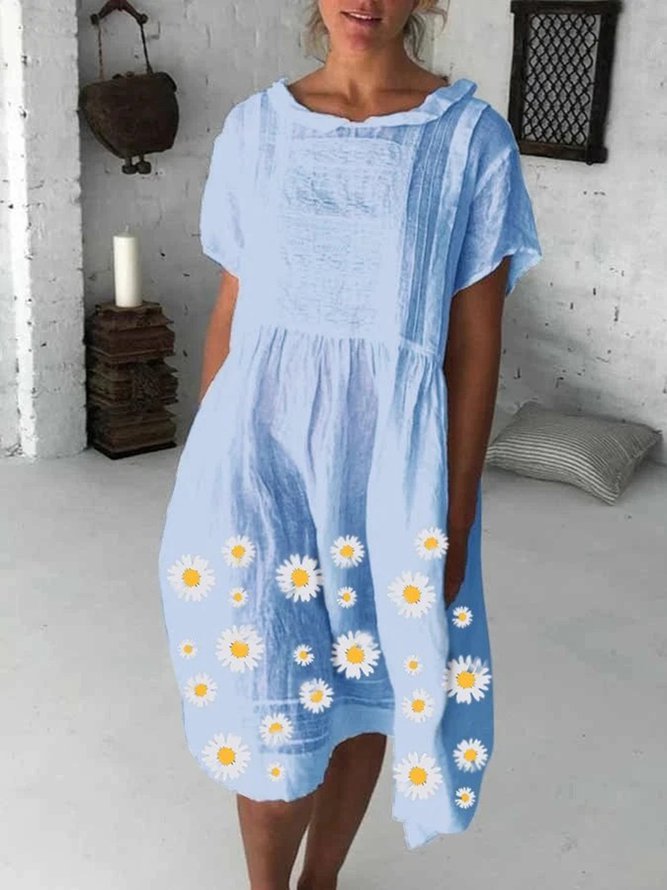 Blue Casual Holiday Floral Printed Shawl Collar Short Sleeve Weaving Dress