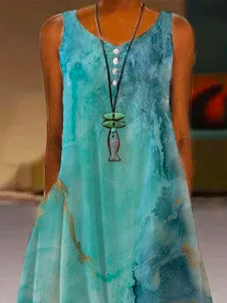 Women's Maxi Dress Sleeveless Abstract Printed Spring Summer Crew Neck Lightweight Dressy Dress