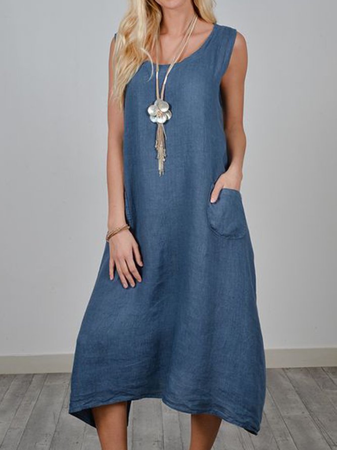 Women Summer Sleeveless Midi Weaving Dress Crew Neck A-Line Daily Cotton Plain Weaving Dress