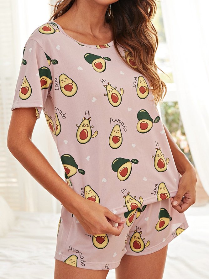 Cute Cartoon Avocado Short Sleeve Shorts Comfortable Casual Pajamas Set