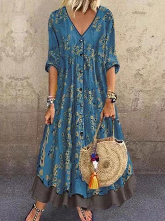 Shift Casual 3/4 Sleeve V Neck Dress