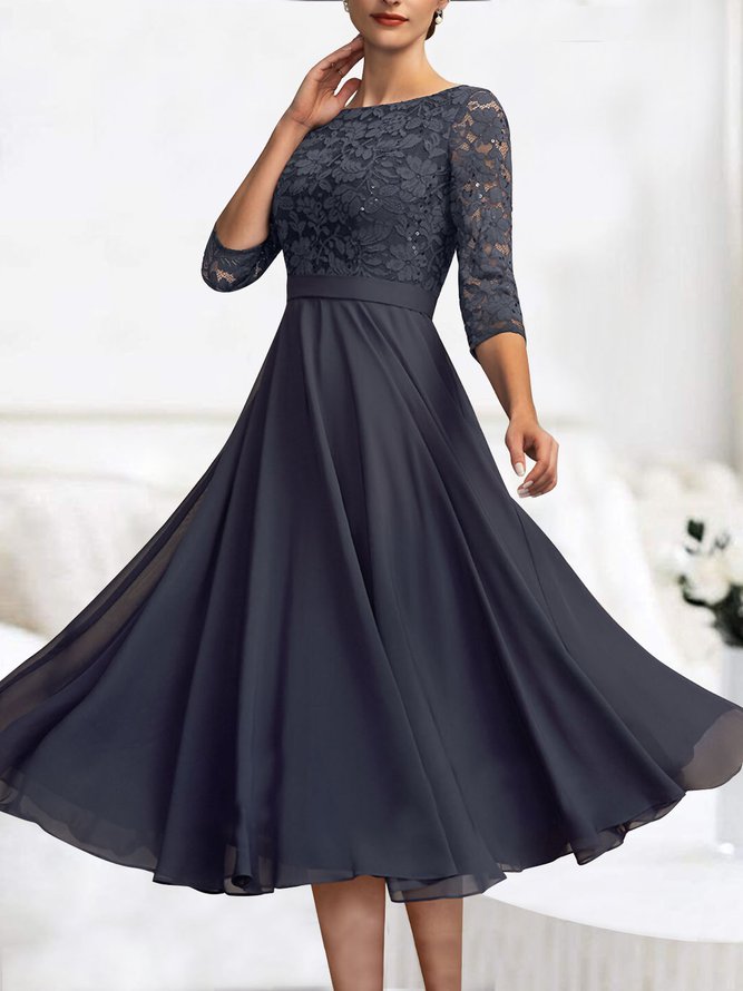 Wedding party Lace Chiffon zip seven Sleeve midi Prom Dress