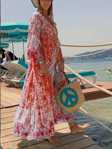 Cotton-Blend Holiday V Neck Weaving Dress