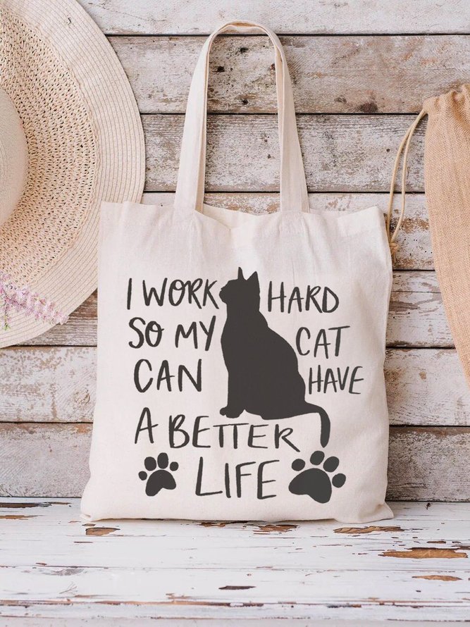 “I Work Hard” Alphabet Cat Pattern Canvas Shoulder Bag Daily Casual Women Large Capacity