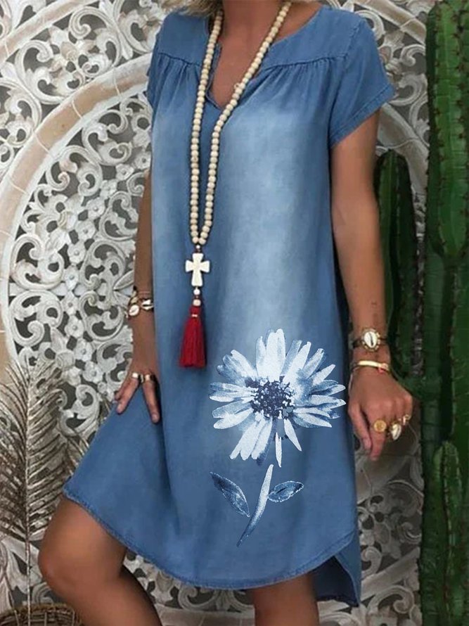 Vintage Casual Plus Size Floral Printed V Neck Denim Weaving Dress