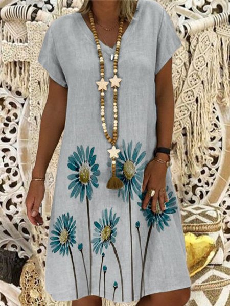 Floral Printed Short Sleeve Casual Weaving Dress