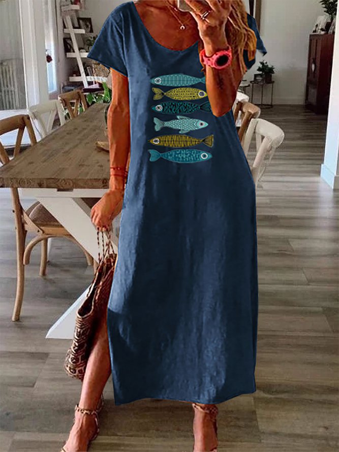 Cartoon Fish Print Short Sleeve Split Dress