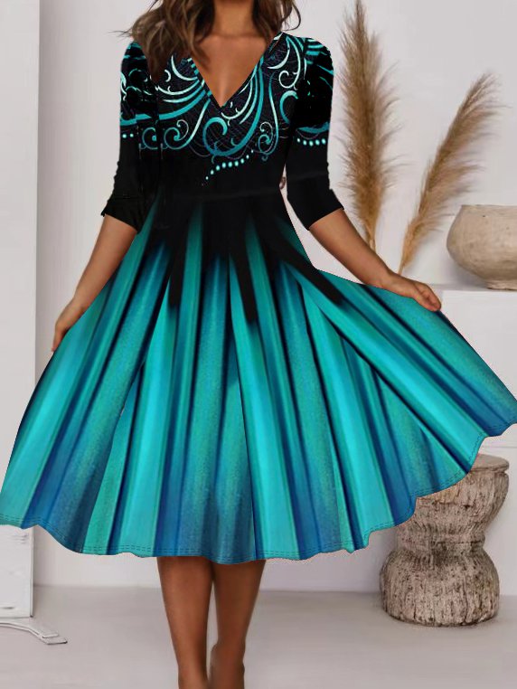 V Neck Geometric Regular Fit Dress