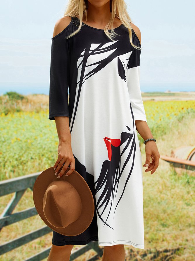 Abstract Printed Three Quarter Off The Shoulder Casual A-line Knitting Dress