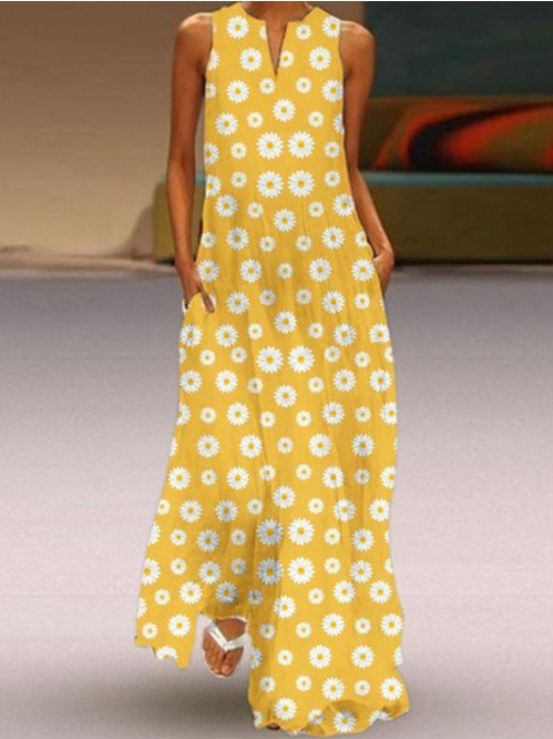 Daisy Print Casual Sleeveless Maxi Weaving Dress