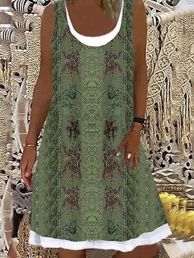 Ethnic Crew Neck Vintage Dress