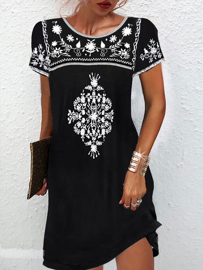 Vintage Mexican Flower Design Crew Neck Prom Dress