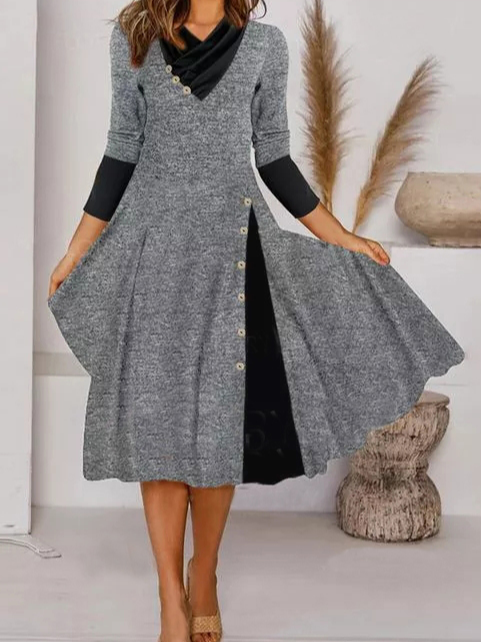 Color Block Tunic V-Neckline Midi A-line Dress