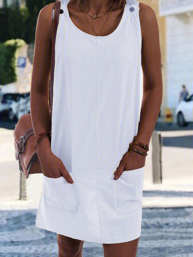 Round Neck Sleeveless Buttoned Plain Causal Mini Dresses