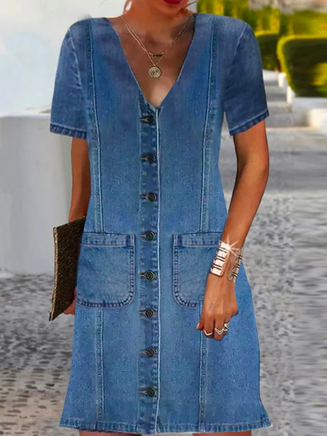 Buttoned Denim Blue V Neck Casual Loose Plain Dress