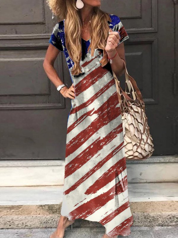 Short Sleeve Casual Holiday V Neck Flag Printed Knitting Dress