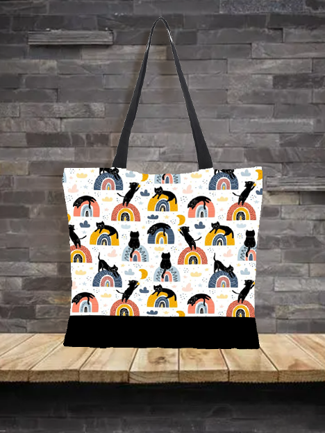 Cat Pattern Canvas Linen Shoulder Tote Bag Large Capacity