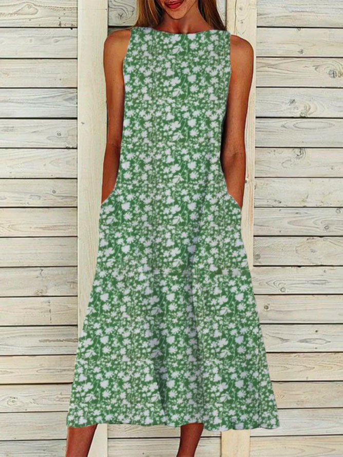 Ditsy Floral Boatneck Sleeveless Casual Midi Dresses