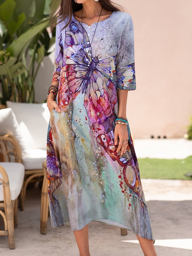 Round Neck Floral Vacation Midi Dress