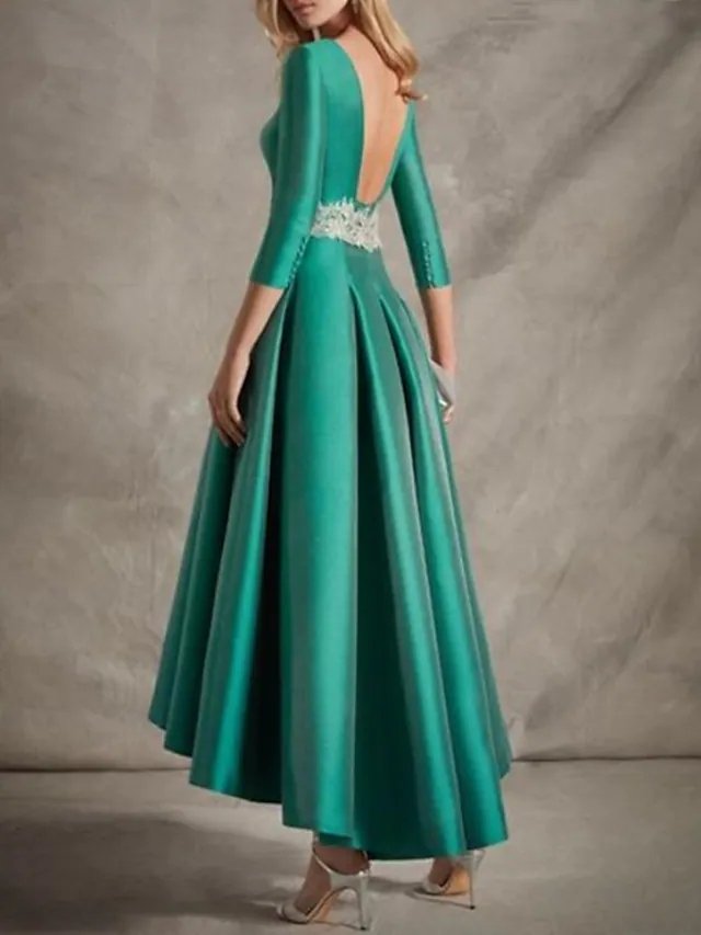 A-Line Mother of the Bride Dress Simple Elegant V Neck Ankle Length Satin 3/4 Length Sleeve with Sash / Ribbon Pleats 2023