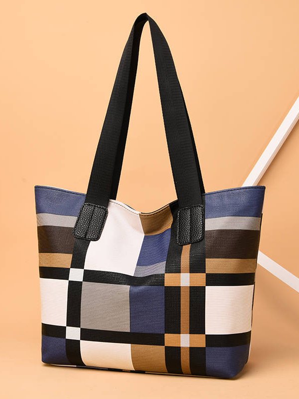 Casual Leather Contrast Check Tote Shoulder Bag Daily Urban