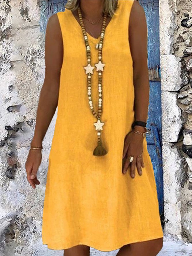 Casual Plain V-neck Sleeveless Dress