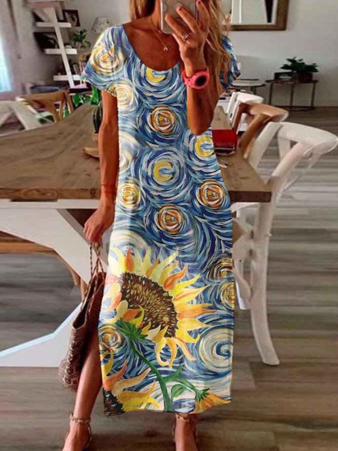 Round Neck Sunflower Floral Beach Vacation Midi Dresses