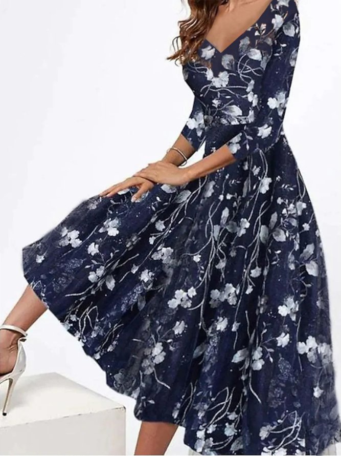 Women's Swing Dress Floral Dress Midi Dress 3/4 Length Sleeve Floral Print V Neck Dress