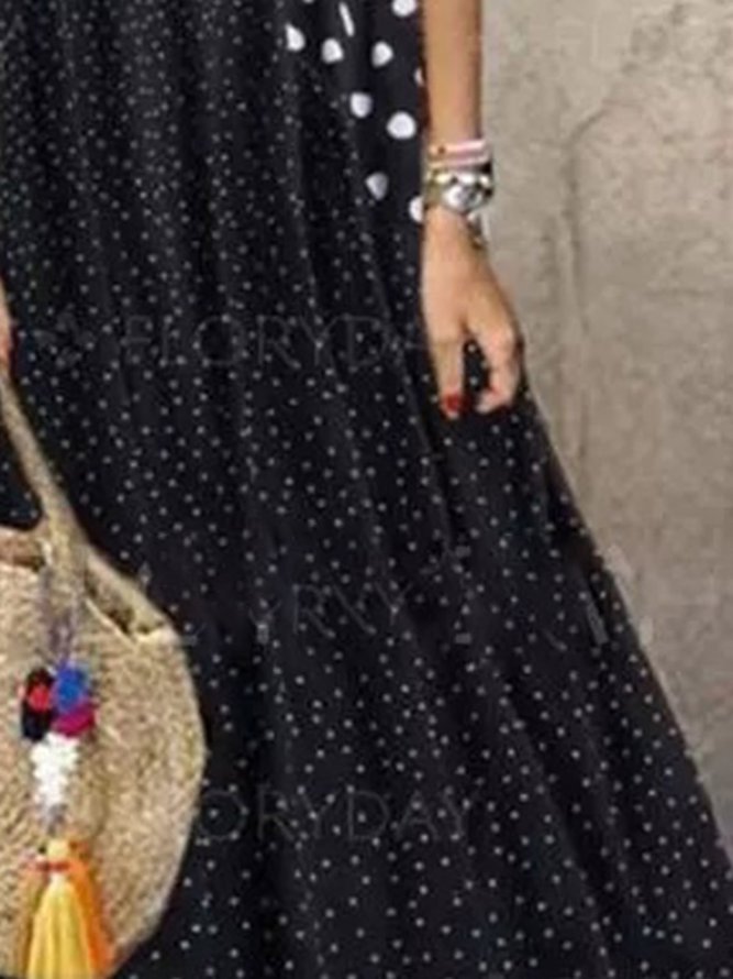 Black Casual Crew Neck Cotton-Blend Polka Dots Weaving Dress