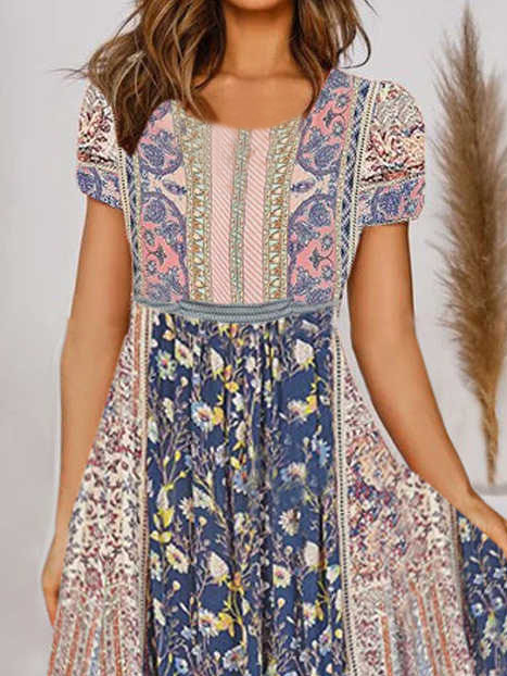 Round Neck Boho Vacation Midi Dresses