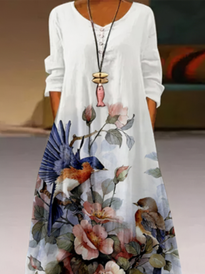 Round Neck Floral Vacation Midi Dress