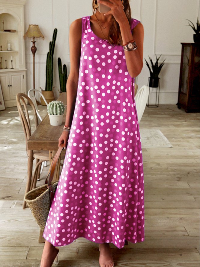 Round Neck Women Summer Weaving Dress Printed Polka Dots Midi Weaving Dress