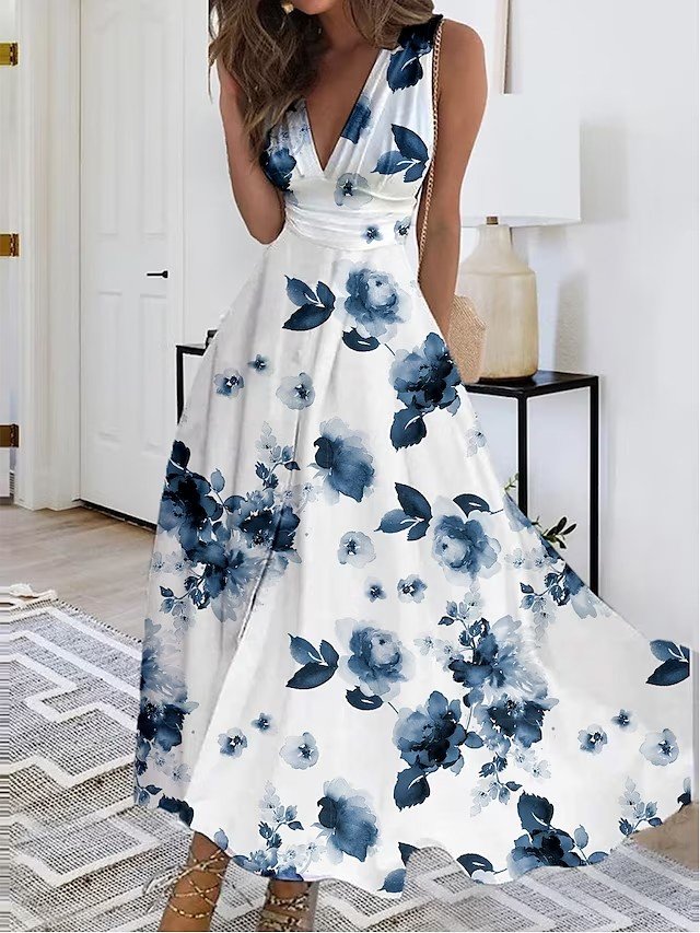 Floral V Neck Casual Dress