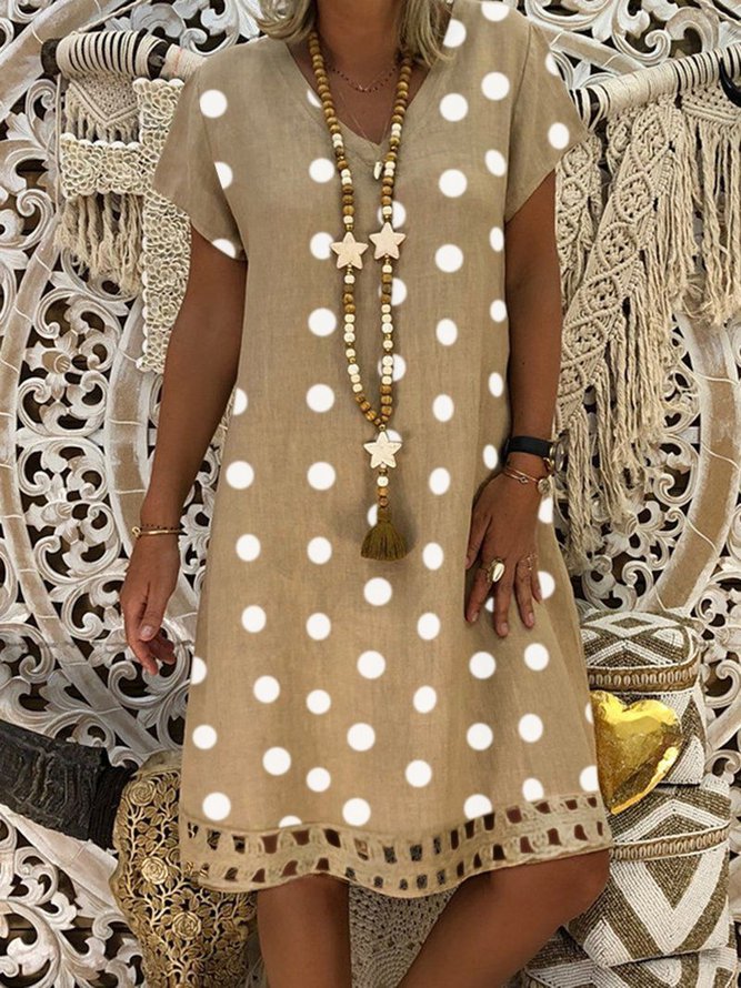 V Neck polka dots Casual Midi Linen Dress