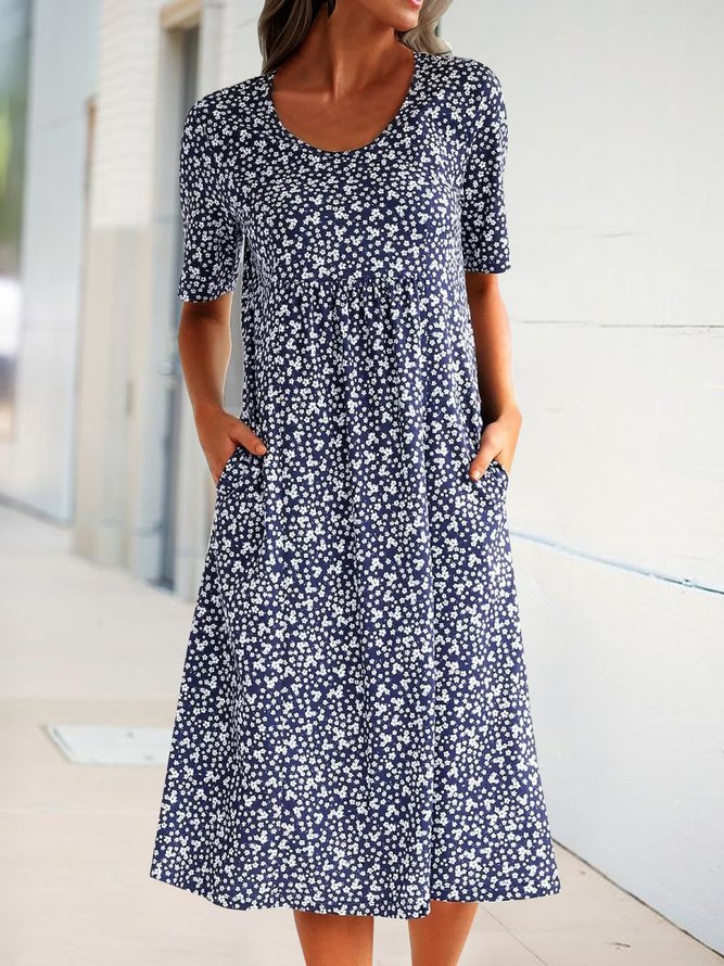 Ditsy Floral Round Neck Pocket Vacation Midi Dress