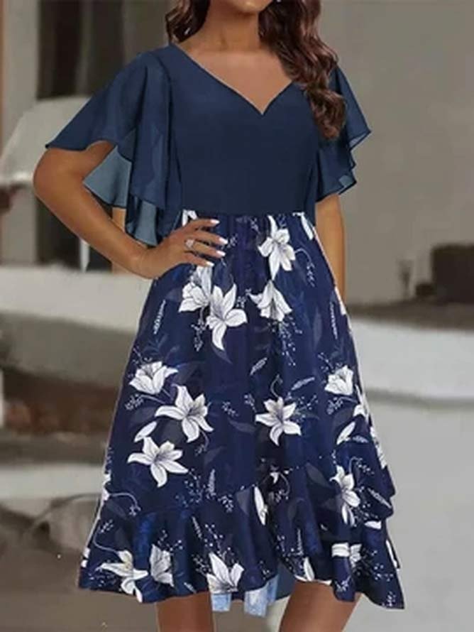 V Neck Floral Loose Casual Dress