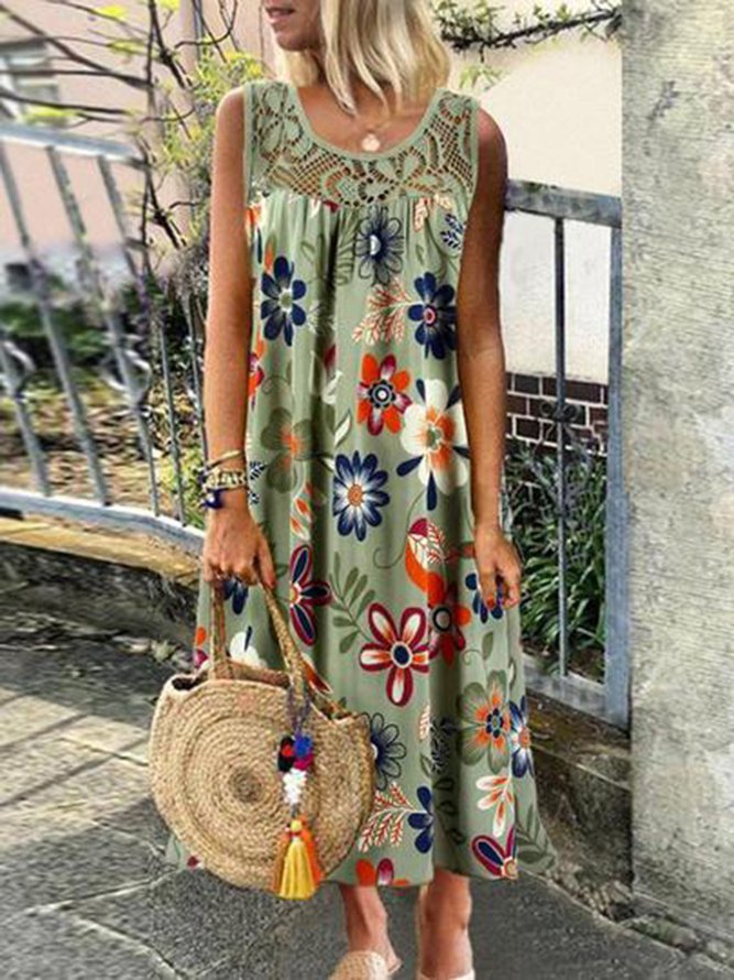Summer Floral Casual Holiday Crew Neck Sleeveless Paneled Printed Dress