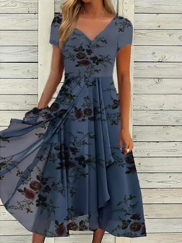 V Neck Floral Regular Fit Casual Dress