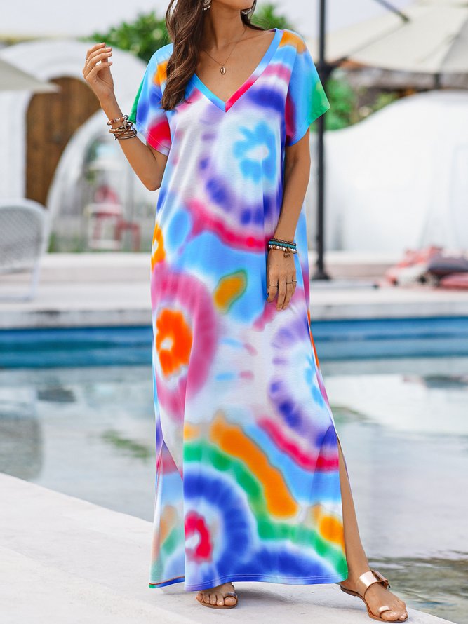 V Neck Short Sleeve Ombre/tie-Dye Dresses