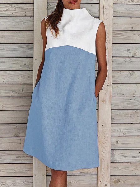 Plus Size Midi Weaving Dress Women Summer Shift Sleeveless Turtleneck Paneled Weaving Dress